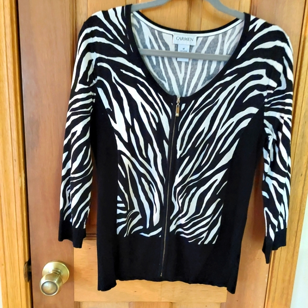 Carmen Marc Valvo women's zebra print zip sweater